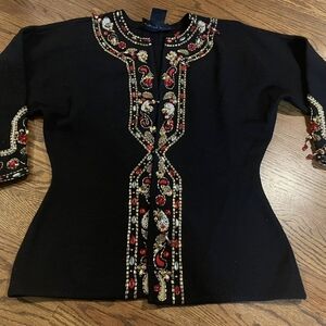 Andrea Jovine Vintage Black Wool Bejewed Sweater size Petite